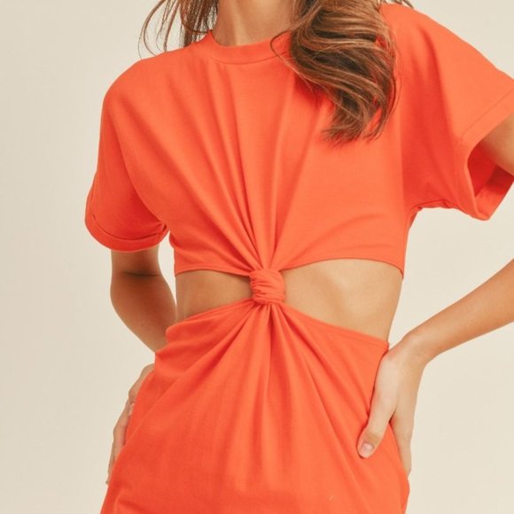 New Orange Knotted Cut out T-Shirt Dress - Picture 3 of 6
